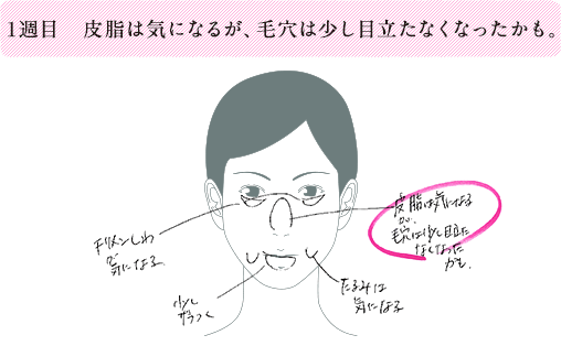 1週目 皮脂は気になるが、毛穴は少し目立たなくなったかも。