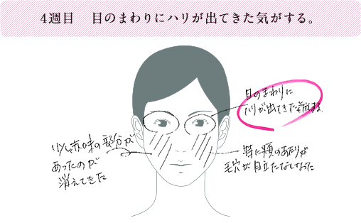 4週目 目のまわりにハリが出てきた気がする。